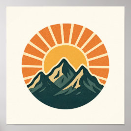 Póster Retro Blue Mountain Sunrise Outdoor Nature Sun Art