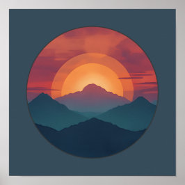 Póster Retro Blue Mountain Sunset | Nature Watercolor Art