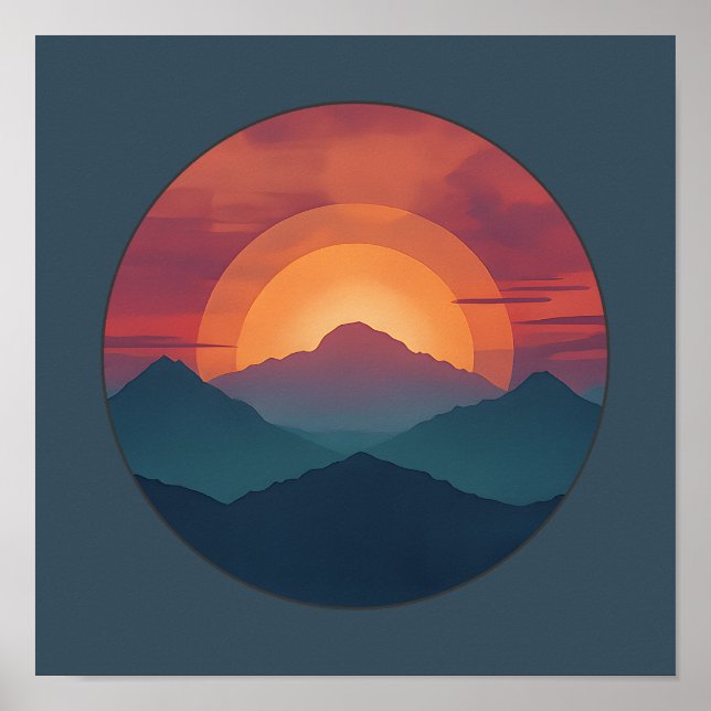 Póster Retro Blue Mountain Sunset | Nature Watercolor Art (Frente)