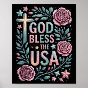 Póster Retro Boho Floral God Bless The Usa Christian 4th