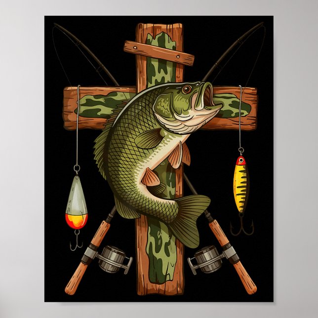 Póster Retro Camo Cross Fishing Rod Hook B Christian Fish (Frente)