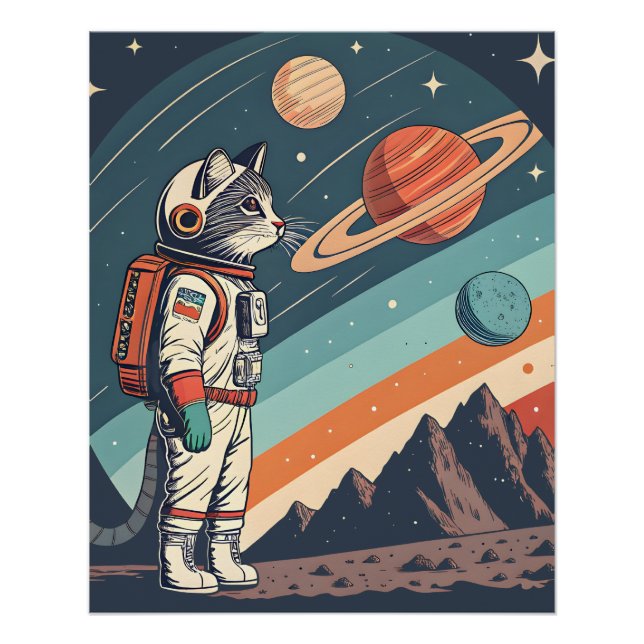 Póster Retro Cat Astronaut Cosmic Space Illustration (Anverso)