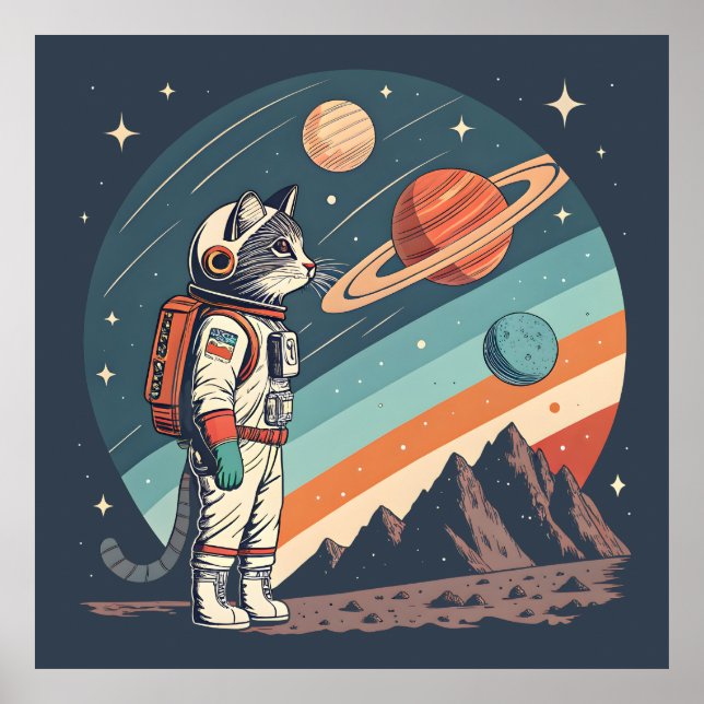 Póster Retro Cat Astronaut Cosmic Space Illustration (Frente)