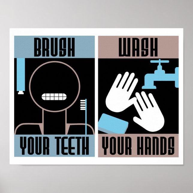 Póster retro Cepilla tus Dientes Lava tus Manos (Frente)