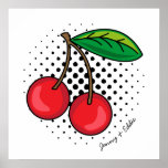 Póster Retro Cherries Comic Book Food Pop Art Poster<br><div class="desc">Funky estilo popart retro de un ilustracion de cerezas rojas,  sobre un círculo de puntos negros de tono medio. Texto editable que se ajusta alrededor de la esquina inferior de la ilustración,  para que se personalizar con nombres o mensajes</div>