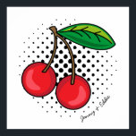 Póster Retro Cherries Comic Book Food Pop Art Poster<br><div class="desc">Funky estilo popart retro de un ilustracion de cerezas rojas,  sobre un círculo de puntos negros de tono medio. Texto editable que se ajusta alrededor de la esquina inferior de la ilustración,  para que se personalizar con nombres o mensajes</div>