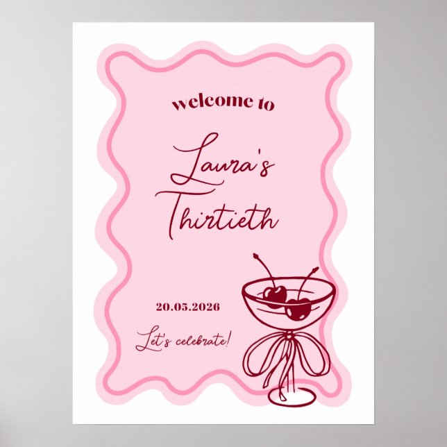 Póster Retro Cherry Cocktail Birthday Party Welcome Sign (Frente)