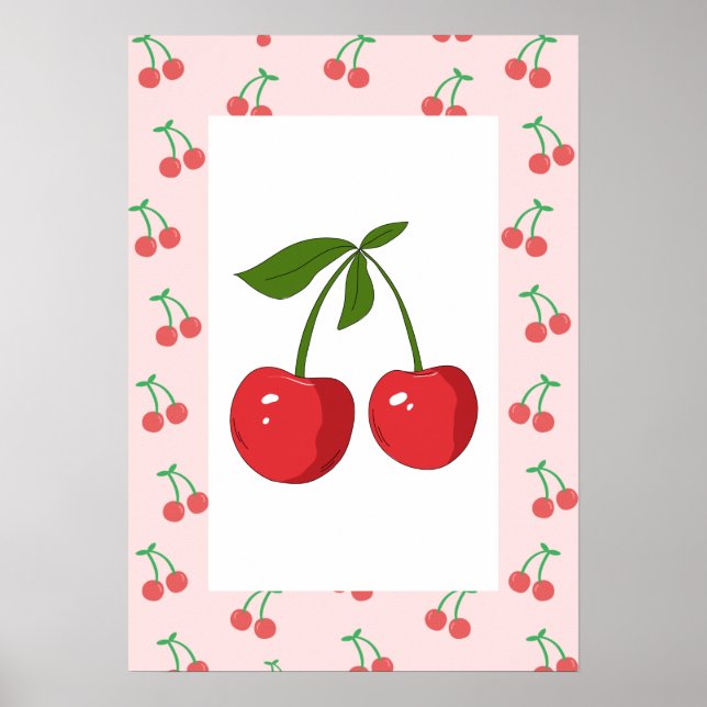 Póster Retro Cherry Fruit Pattern Aesthetic Nursery Art (Frente)