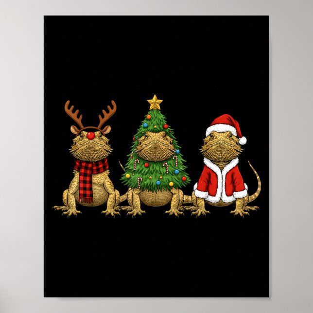 Póster Retro Christmas Bearded Dragon Santa Reindeer  (Frente)