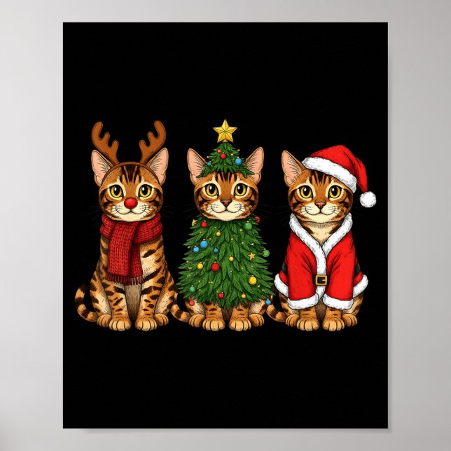 Póster Retro Christmas Bengal Cat Santa Reindeer  (Frente)