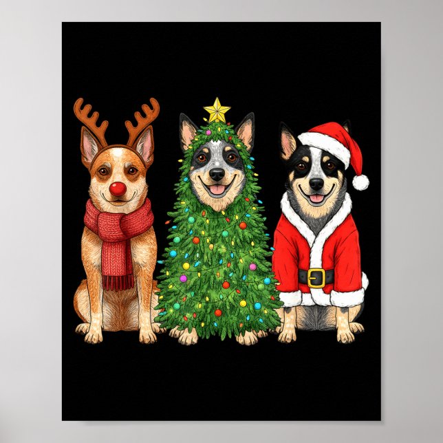 Póster Retro Christmas Blue Heeler Santa Reindeer Dog Lov (Frente)