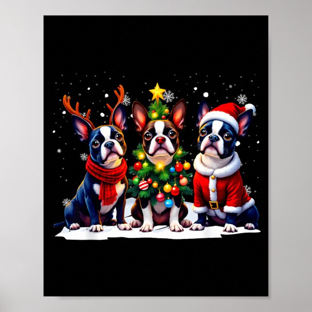Póster Retro Christmas Boston Terrier Santa Reindeer Dog  (Frente)