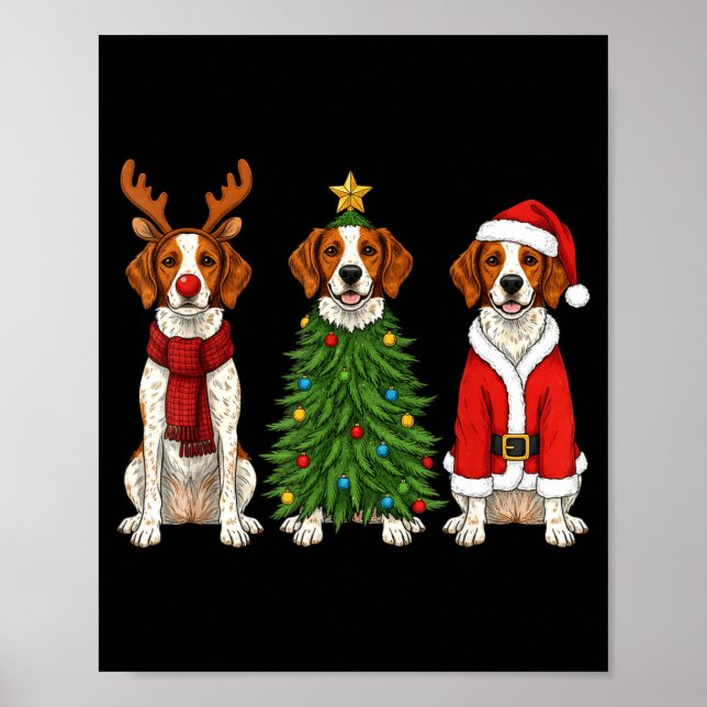 Póster Retro Christmas Brittany Spaniel Santa Reindeer Do (Frente)