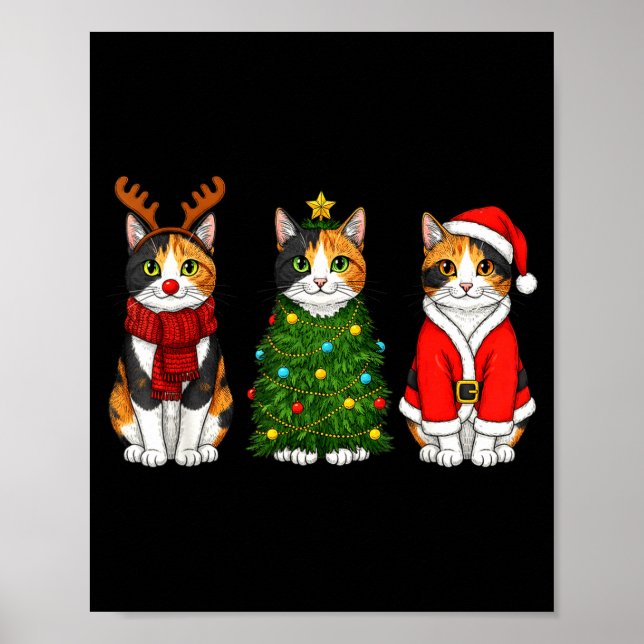 Póster Retro Christmas Calico Cat Santa Reindeer  (Frente)