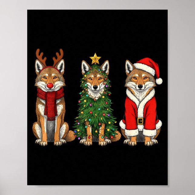 Póster Retro Christmas Coyote Santa Reindeer  (Frente)
