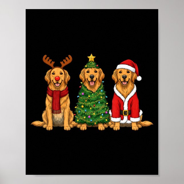 Póster Retro Christmas Golden Retriever Santa Reindeer Do (Frente)