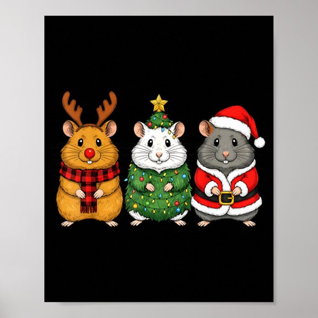 Póster Retro Christmas Hamster Santa Reindeer  (Frente)