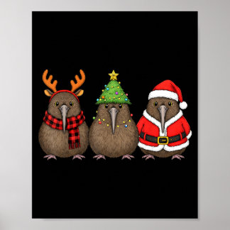 Póster Retro Christmas Kiwi Bird Santa Reindeer