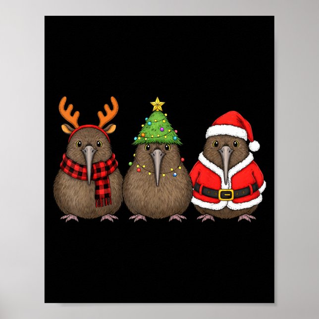 Póster Retro Christmas Kiwi Bird Santa Reindeer  (Frente)