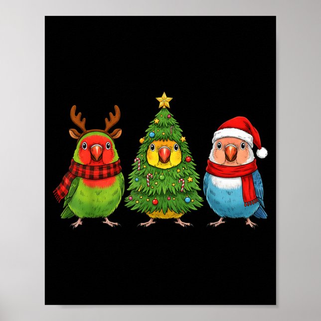 Póster Retro Christmas Lovebird Parrot Santa Reindeer  (Frente)
