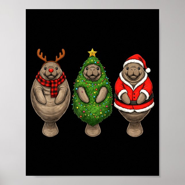 Póster Retro Christmas Manatee Santa Reindeer  (Frente)