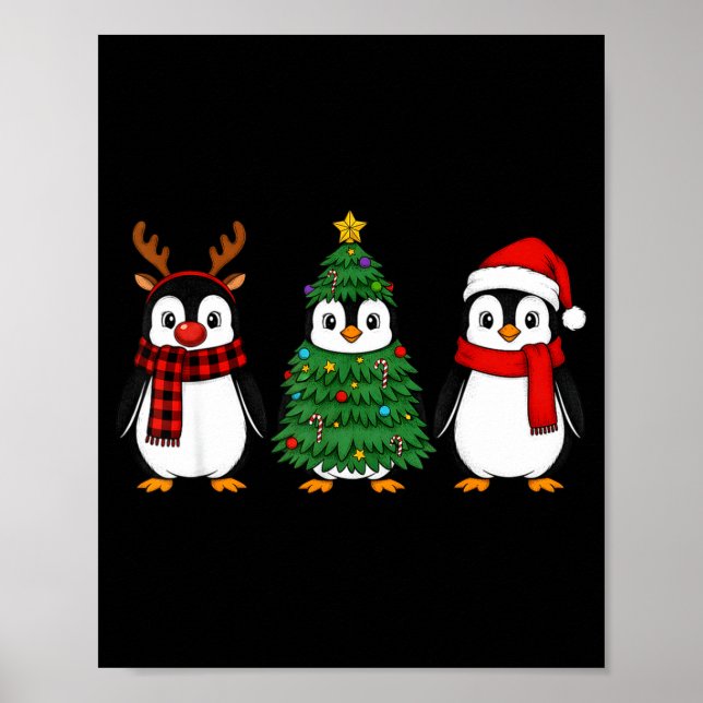 Póster Retro Christmas Penguin Santa Reindeer  (Frente)