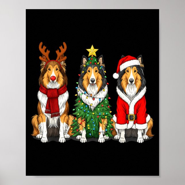 Póster Retro Christmas Rough Collie Santa Reindeer Dog Lo (Frente)
