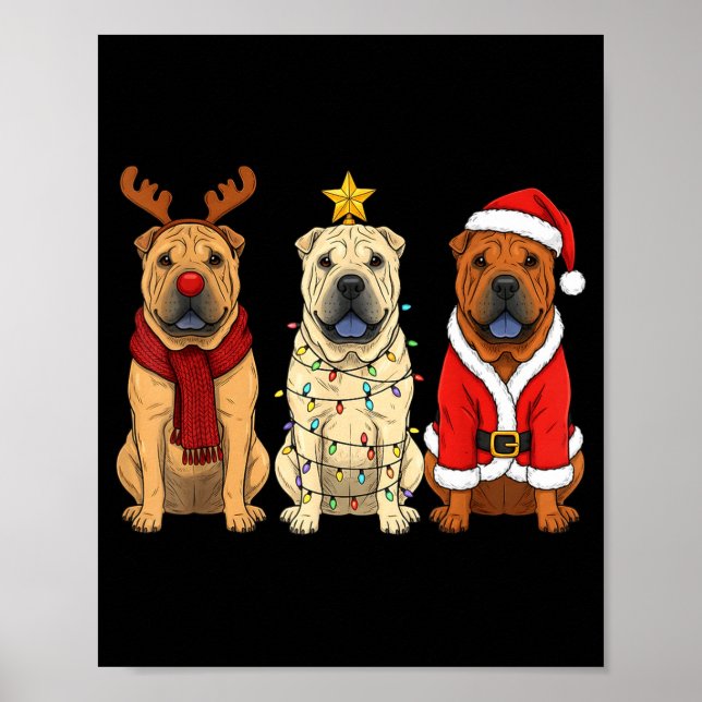 Póster Retro Christmas Shar Pei Santa Reindeer Dog Lover  (Frente)