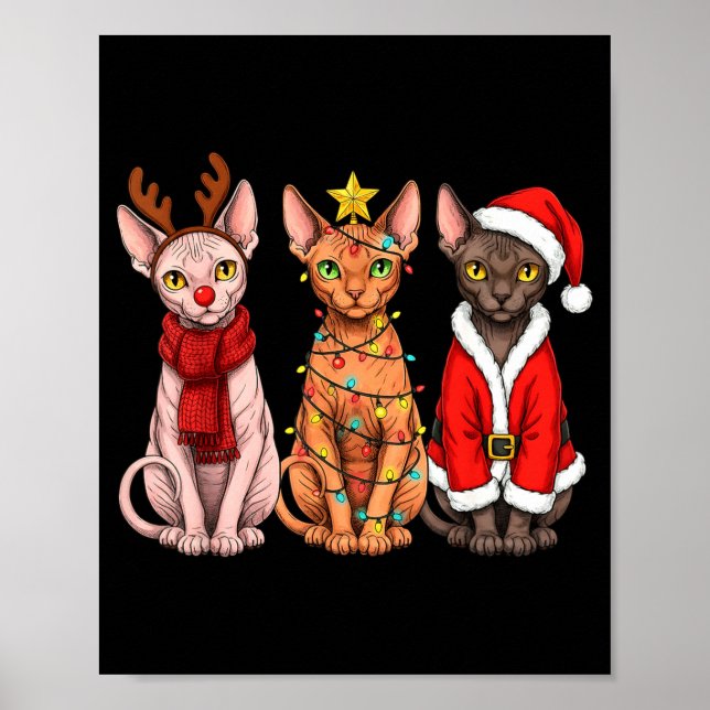 Póster Retro Christmas Sphynx Cat Santa Reindeer  (Frente)