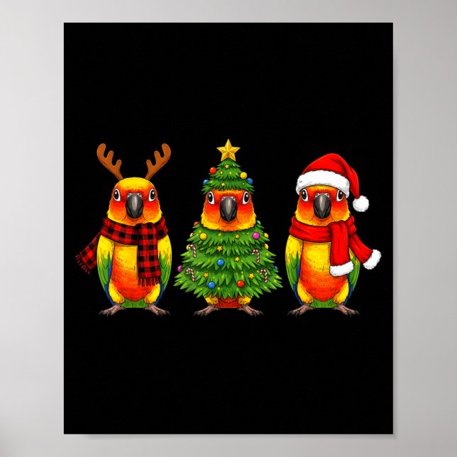 Póster Retro Christmas Sun Conure Parrot Santa Reindeer  (Frente)