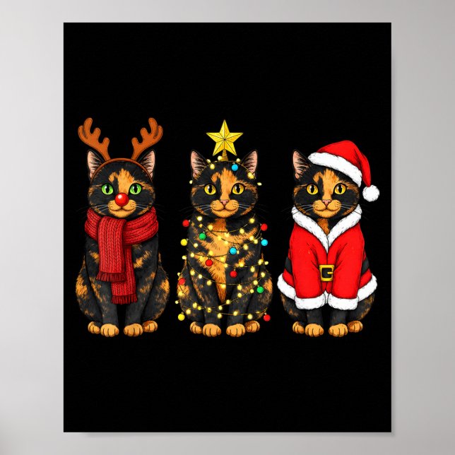 Póster Retro Christmas Tortoiseshell Cat Santa Reindeer  (Frente)