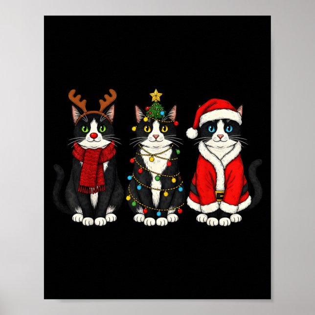 Póster Retro Christmas Tuxedo Cat Santa Reindeer  (Frente)