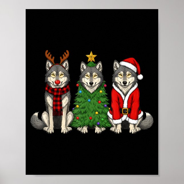 Póster Retro Christmas Wolf Santa Reindeer  (Frente)