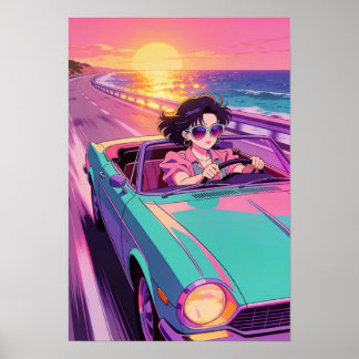 Póster Retro Coastal Drive 90s Anime Sunset