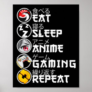 Póster Retro Comer Dormir Anime Juegos Repetir Kawaii Ani
