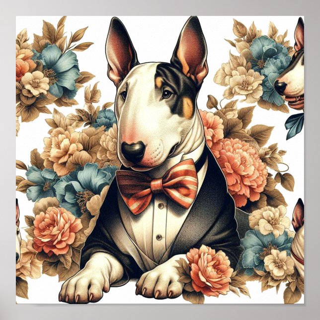 Póster Retro Cute Floral Bull Terrier (Frente)