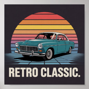 Póster Retro de Atardecer de Sedán Clásico de los 