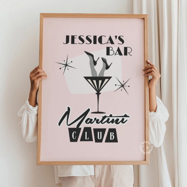 Póster Retro de Bar de Martini de Cóctel Personali (custom vintage bar sign, personalized cocktail lounge art, retro home bar decor, speakeasy wall art )
