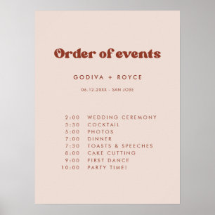 Póster Retro de estilo Peach Pink Boda Orden de eventos