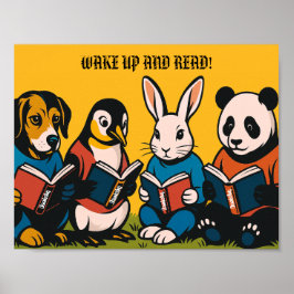 Póster retro de lectura animal - ¡Despierta y lee!