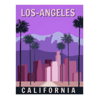 Póster retro de Los Ángeles, centro, paisaje urban