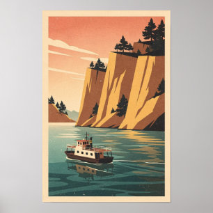 Póster Retro de Viaje de Acantilados y Transbordad