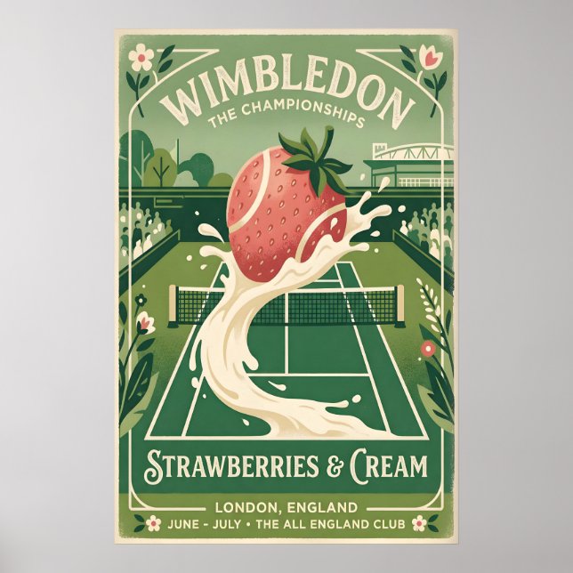 Póster Retro de Wimbledon, Cancha de Tenis y (Frente)