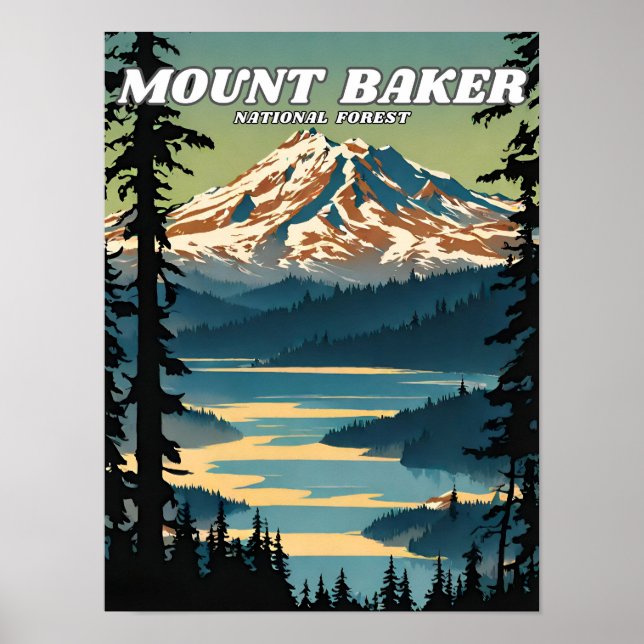 Póster Retro del ilustracion Forestal Nacional Mount Bake (Frente)