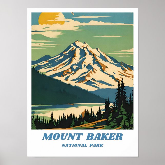 Póster Retro del ilustracion Forestal Nacional Mount Bake (Frente)