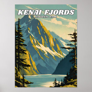 Póster Retro del parque nacional de los fiordos de Kenai