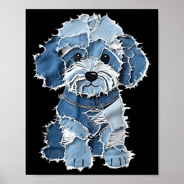Póster Retro Denim Perro Parche, Funny Shabby Blue Jean P (Frente)