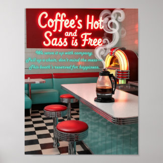 Póster Retro Diner Coffee's Hot with Free Sass Poster