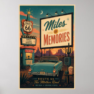 Póster Retro Drive In de la Ruta 66 de mediados de siglo