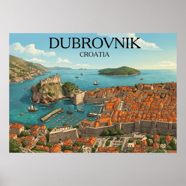 Póster Retro Dubrovnik Adriatic Coast Illustration Travel (Frente)